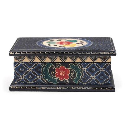 Alternate image for Javanese-Themed Floral Batik Wood Jewelry Box in Blue Hues Nocturnal Hibiscus