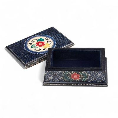 Alternate image for Javanese-Themed Floral Batik Wood Jewelry Box in Blue Hues Nocturnal Hibiscus