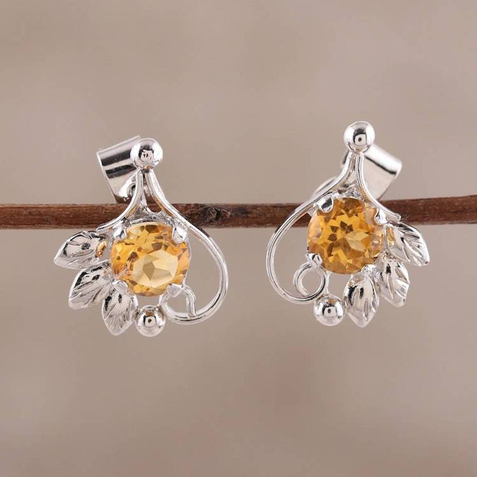 Leafy Rhodium Plated Citrine Stud Earrings from India 'Sunny Leaves'