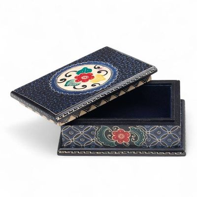 Alternate image for Javanese-Themed Floral Batik Wood Jewelry Box in Blue Hues Nocturnal Hibiscus