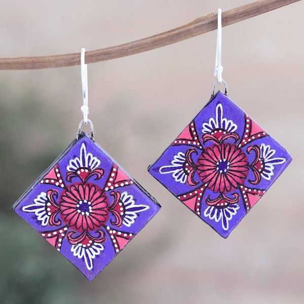 Alternate image for Ceramic Dangle Earrings with Floral Motif Prismatic Purple