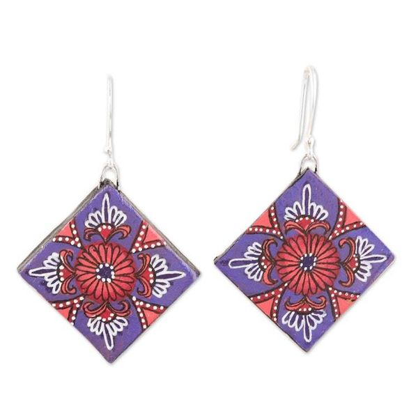 Alternate image for Ceramic Dangle Earrings with Floral Motif Prismatic Purple