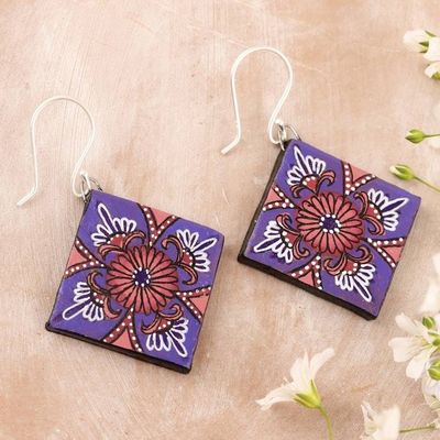 Alternate image for Ceramic Dangle Earrings with Floral Motif Prismatic Purple
