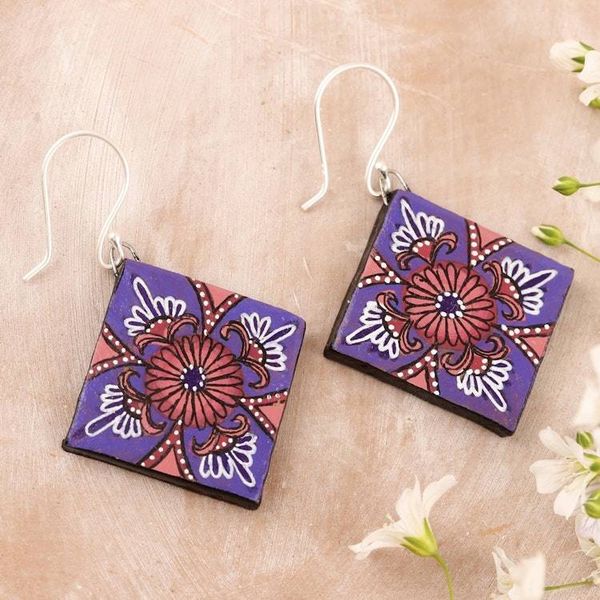 Alternate image for Ceramic Dangle Earrings with Floral Motif Prismatic Purple