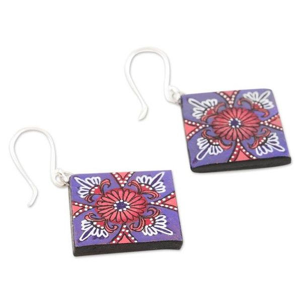 Alternate image for Ceramic Dangle Earrings with Floral Motif Prismatic Purple