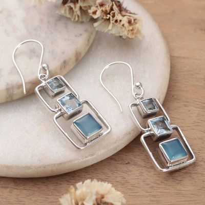 Primary image for 2-Carat Modern Blue Topaz and Chalcedony Dangle Earrings Squares of Heaven