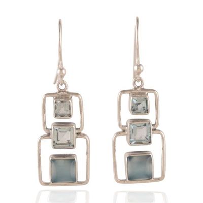 Alternate image for 2-Carat Modern Blue Topaz and Chalcedony Dangle Earrings Squares of Heaven