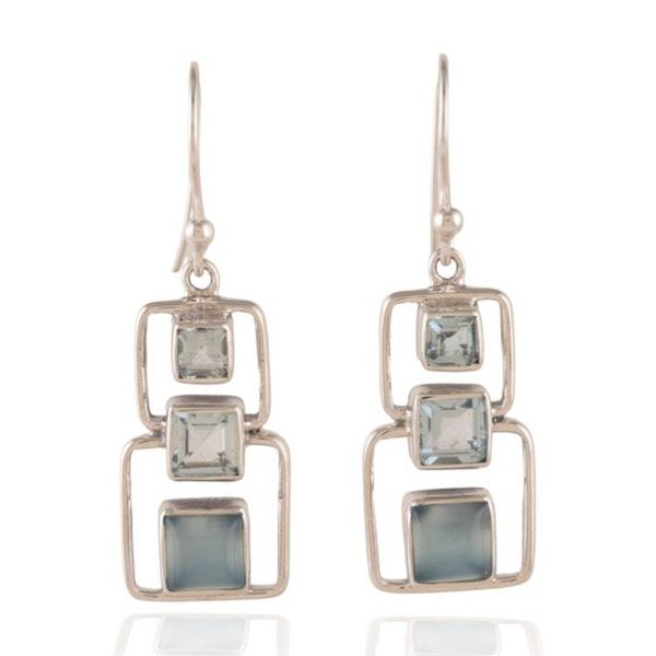 Alternate image for 2-Carat Modern Blue Topaz and Chalcedony Dangle Earrings Squares of Heaven
