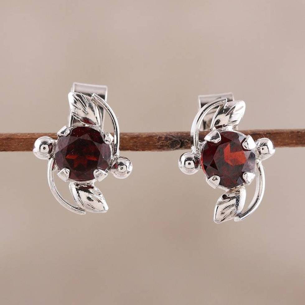 Rhodium Plated Garnet Stud Earrings from India 'Scarlet Glisten'