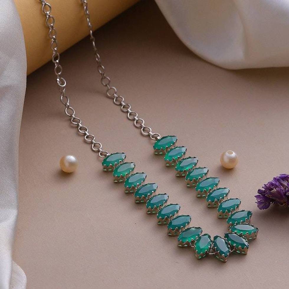 Rhodium Plated Green Onyx Pendant Necklace from India 'Nature's Sparkle'