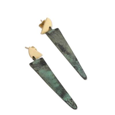 Alternate image for Modern Triangular Brass Dangle Earrings with Green Patina Triangular Delight