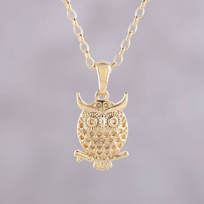 Primary image for Gold Plated Sterling Silver Owl Pendant Necklace from India Hooting Owl