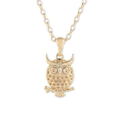 Alternate image for Gold Plated Sterling Silver Owl Pendant Necklace from India Hooting Owl