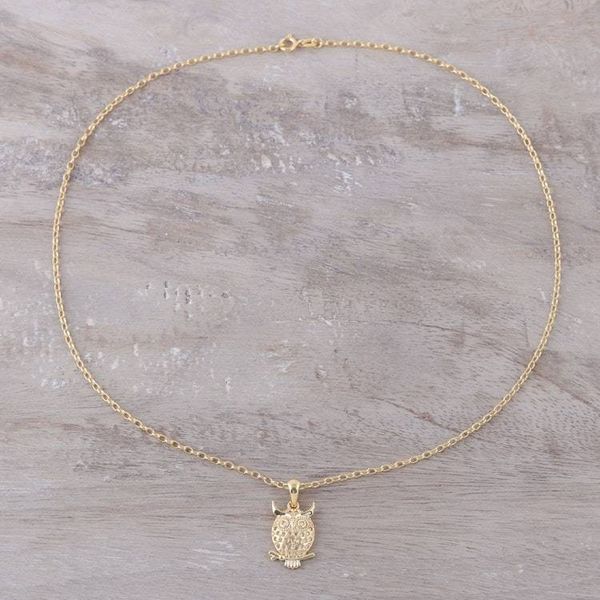 Alternate image for Gold Plated Sterling Silver Owl Pendant Necklace from India Hooting Owl