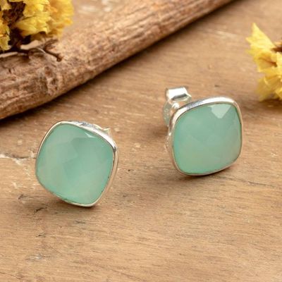 Primary image for Silver Stud Earrings with Rounded Square Chalcedony Stones Soothing Glow