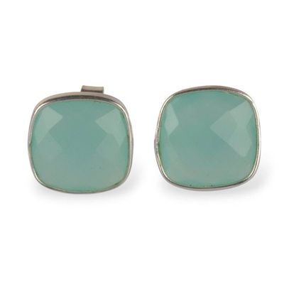 Alternate image for Silver Stud Earrings with Rounded Square Chalcedony Stones Soothing Glow
