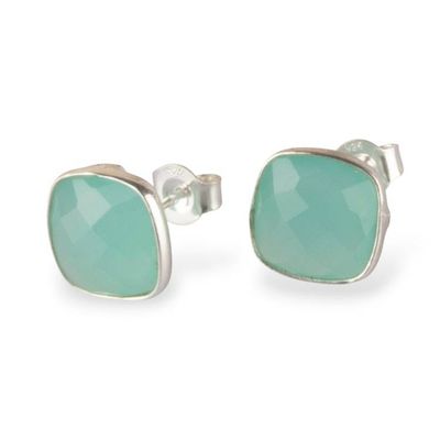 Alternate image for Silver Stud Earrings with Rounded Square Chalcedony Stones Soothing Glow