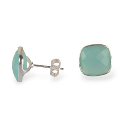 Alternate image for Silver Stud Earrings with Rounded Square Chalcedony Stones Soothing Glow