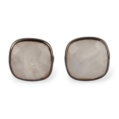 Alternate image for Checkerboard Rainbow Moonstone Sterling Silver Stud Earrings Moonlit Glow