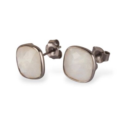 Alternate image for Checkerboard Rainbow Moonstone Sterling Silver Stud Earrings Moonlit Glow