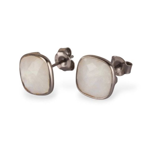 Alternate image for Checkerboard Rainbow Moonstone Sterling Silver Stud Earrings Moonlit Glow