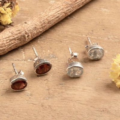 Primary image for Artisan-Made 2-Pair Blue Topaz and Garnet Stud Earring Set Idyllic Duo