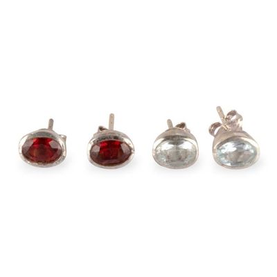 Alternate image for Artisan-Made 2-Pair Blue Topaz and Garnet Stud Earring Set Idyllic Duo