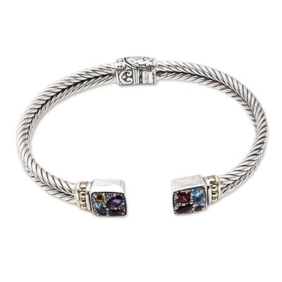Alternate image for Artisan Crafted Sterling Silver Cuff Bracelet with Gemstones Sukawati Bright