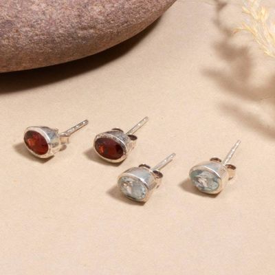 Alternate image for Artisan-Made 2-Pair Blue Topaz and Garnet Stud Earring Set Idyllic Duo
