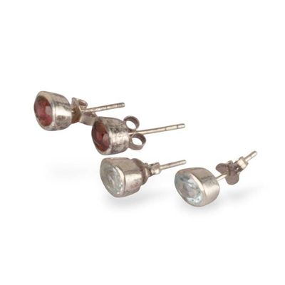 Alternate image for Artisan-Made 2-Pair Blue Topaz and Garnet Stud Earring Set Idyllic Duo