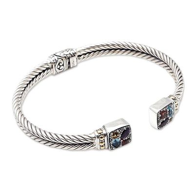 Alternate image for Artisan Crafted Sterling Silver Cuff Bracelet with Gemstones Sukawati Bright