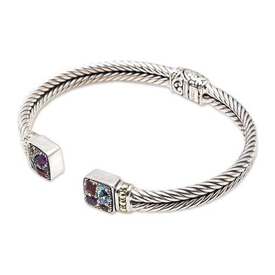 Alternate image for Artisan Crafted Sterling Silver Cuff Bracelet with Gemstones Sukawati Bright