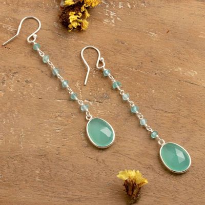 Alternate image for Sterling Silver Dangle Earrings with 14 Chalcedony Gemstones Shimmering Aqua