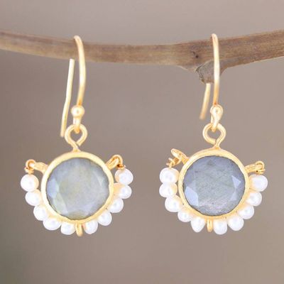 Primary image for Gold-Plated Labradorite and Pearl Dangle Earrings Passing Fancy