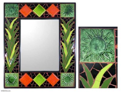 Primary image for Artisan Crafted Mosaic Tile Wall Mirror from India Green Sunflower Magic