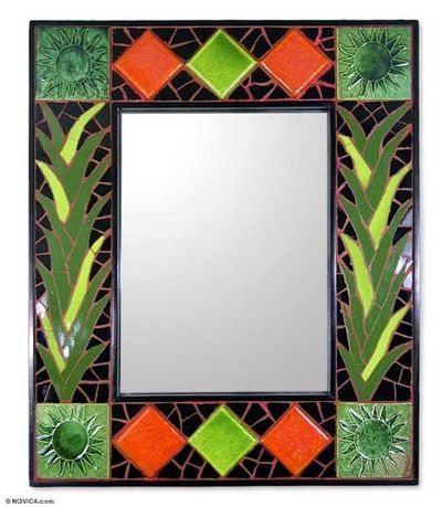 Alternate image for Artisan Crafted Mosaic Tile Wall Mirror from India Green Sunflower Magic