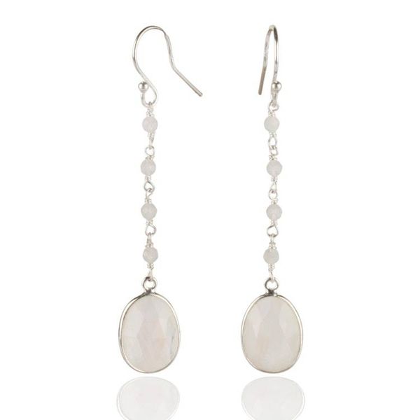Alternate image for Silver Dangle Earrings with 12-Carat Rainbow Moonstone Gems Shimmering White