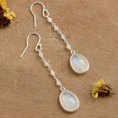 Alternate image for Silver Dangle Earrings with 12-Carat Rainbow Moonstone Gems Shimmering White