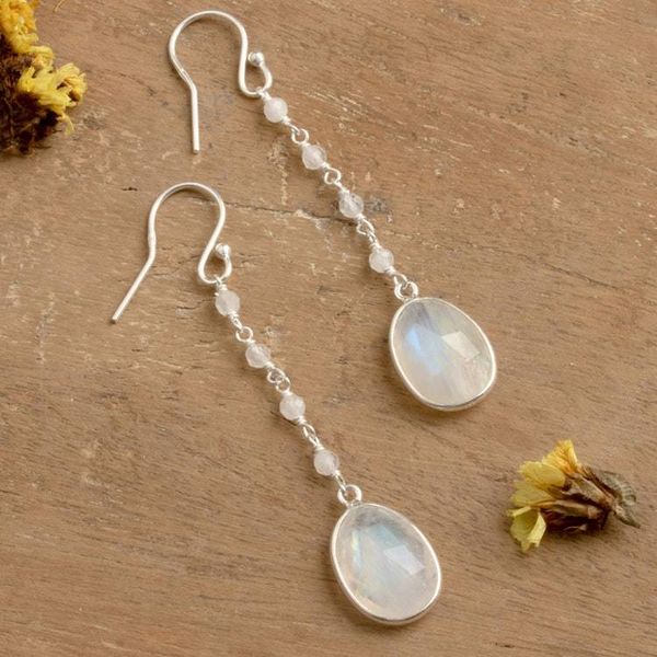 Alternate image for Silver Dangle Earrings with 12-Carat Rainbow Moonstone Gems Shimmering White