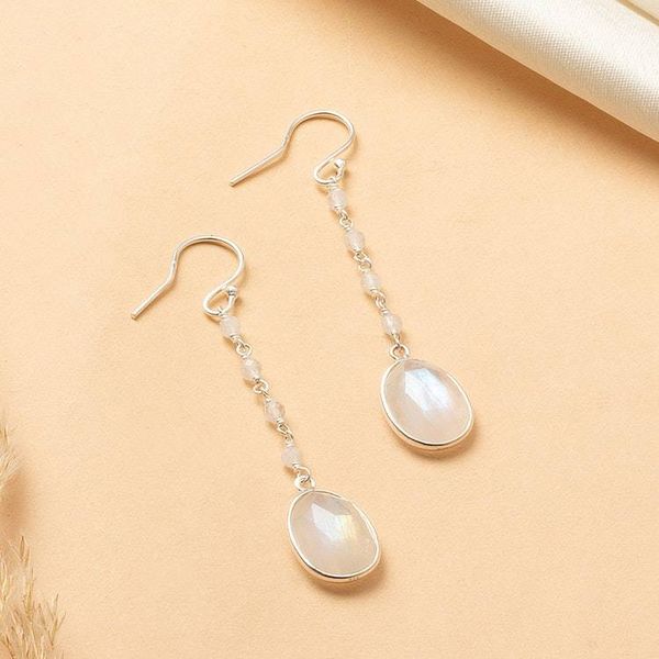 Alternate image for Silver Dangle Earrings with 12-Carat Rainbow Moonstone Gems Shimmering White