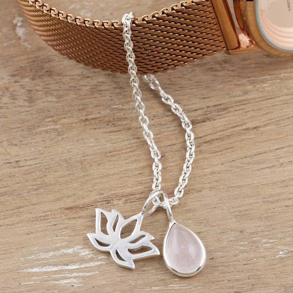 Rose Quartz Sterling Silver Watch Accent with Charms 'Intense Glow'