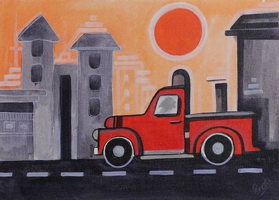 Alternate image for Signed Impressionist Warm-Toned Acrylic Cityscape Painting Car Series I