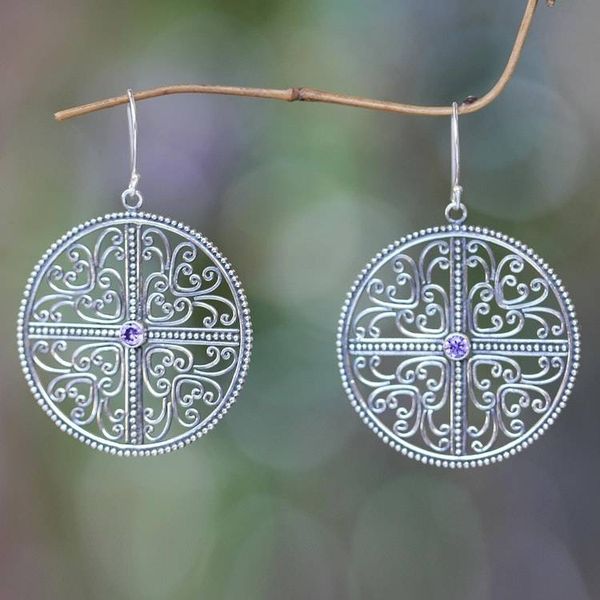 Alternate image for Handcrafted Silver Lace Earrings with Amethysts Circular Symmetry