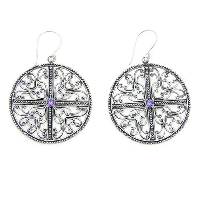 Alternate image for Handcrafted Silver Lace Earrings with Amethysts Circular Symmetry