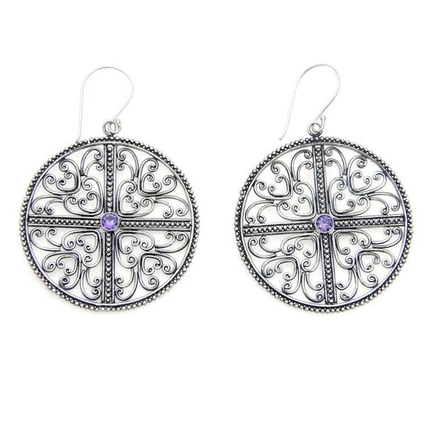 Alternate image for Handcrafted Silver Lace Earrings with Amethysts Circular Symmetry