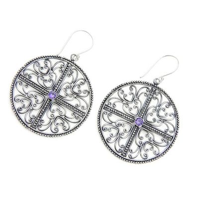 Alternate image for Handcrafted Silver Lace Earrings with Amethysts Circular Symmetry