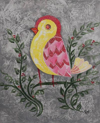 Alternate image for Signed Impressionist Leafy Pink and Yellow Bird Painting Tribal Bird