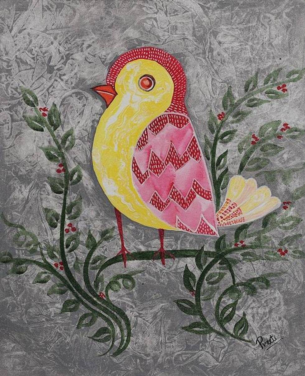 Signed Impressionist Leafy Pink and Yellow Bird Painting 'Tribal Bird'