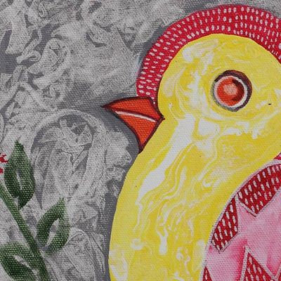 Alternate image for Signed Impressionist Leafy Pink and Yellow Bird Painting Tribal Bird