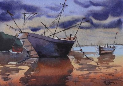 Alternate image for Signed Watercolor Seascape Painting in Impressionist Style Harbor of Stillness